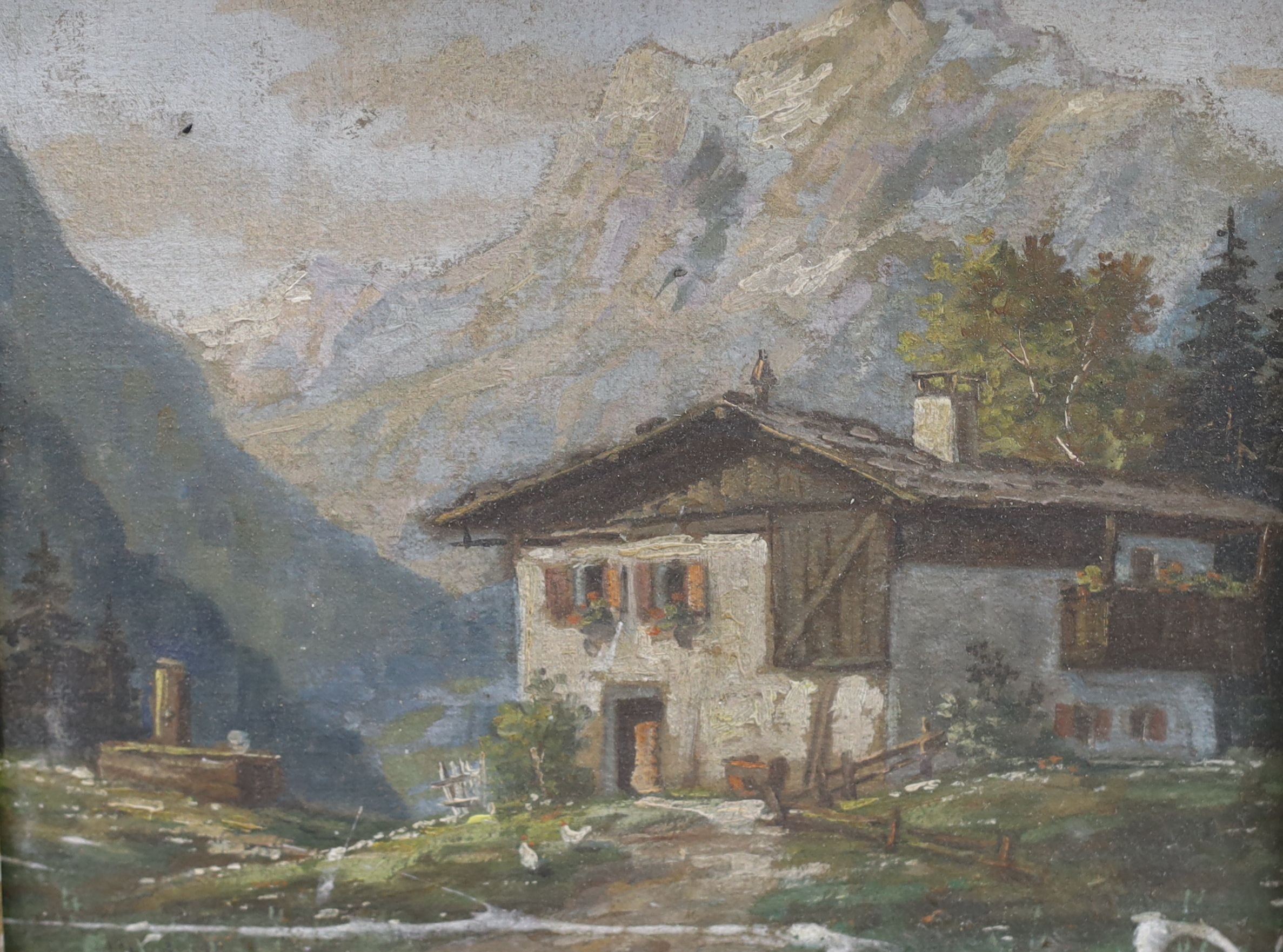 Pierre Le Boeff, watercolour, Continental street scene, signed, 27 x 12cm and an oil on card of an Alpine chalet, 20 x 24cm